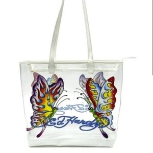 Ed Hardy White Clear Tote with Colorful Butterfly Graphic